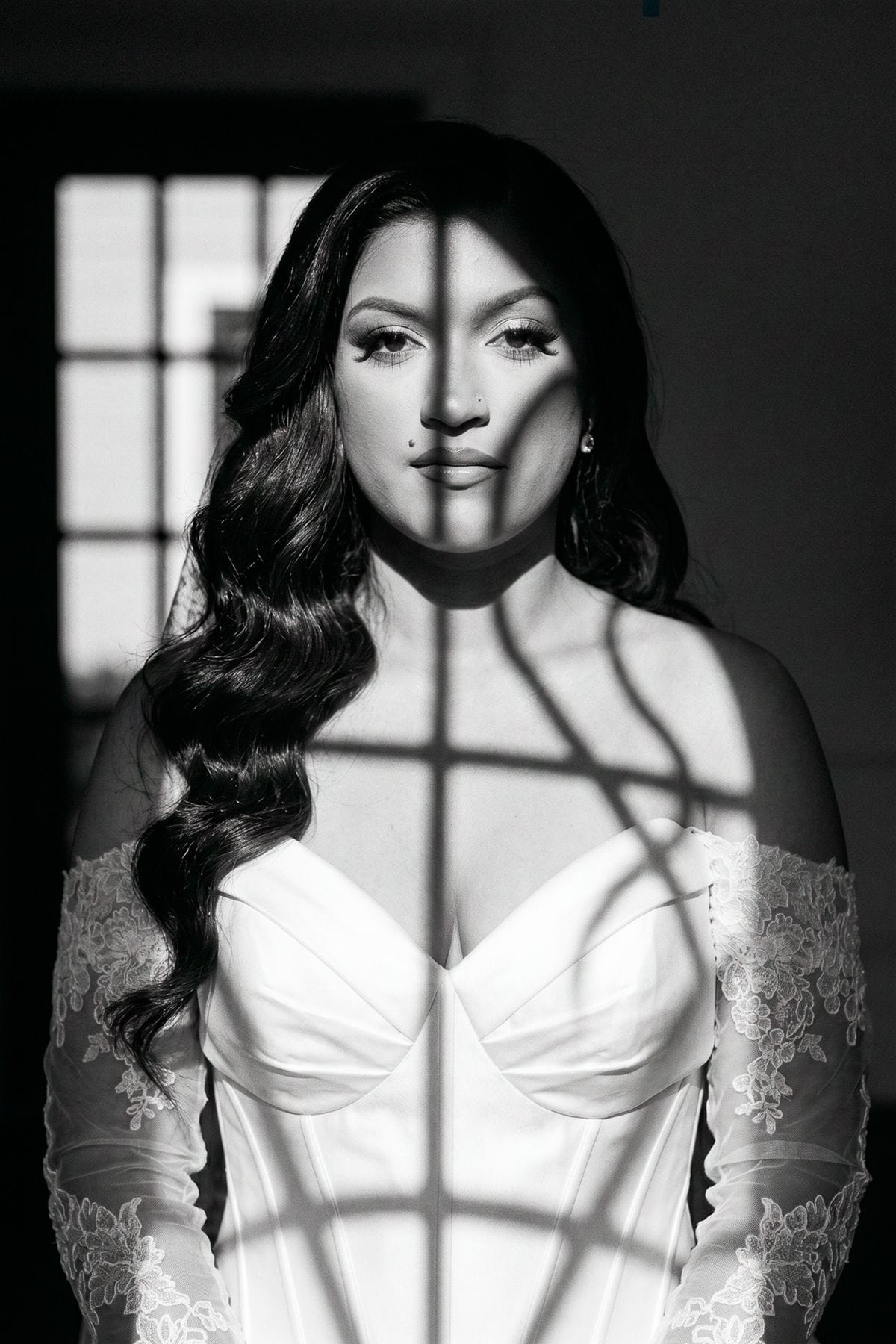 Editorial black and white bridal portrait with window light — Melbourne wedding photographer