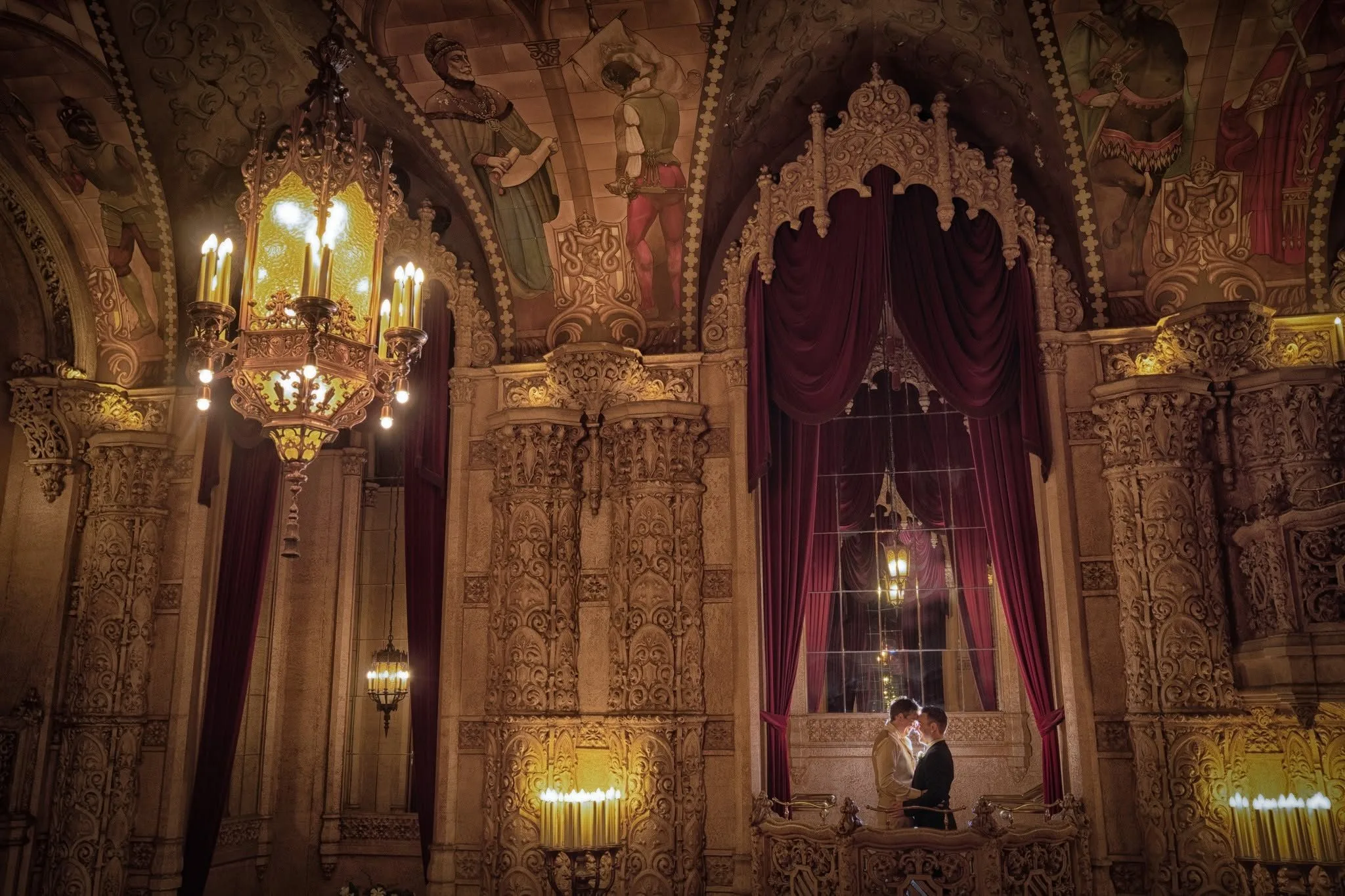 Bride and groom inside an ornate heritage Melbourne building with grand architecture